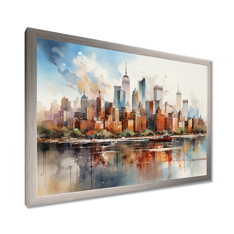 Dreamy New York, paysage rétro, aquarelle - décoration murale New York, H 34 po x l 44 po x P 1,5 po, Cadre simple argenté