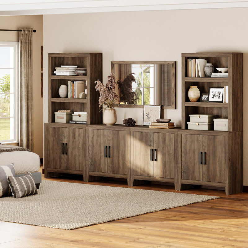 Garde-manger modulaire avec 4 portes, armoire de rangement ouverte en bois de 74,2 po de hauteur, garde-manger Farmhouse avec tablette réglable pour la salle à manger, le salon, brun
