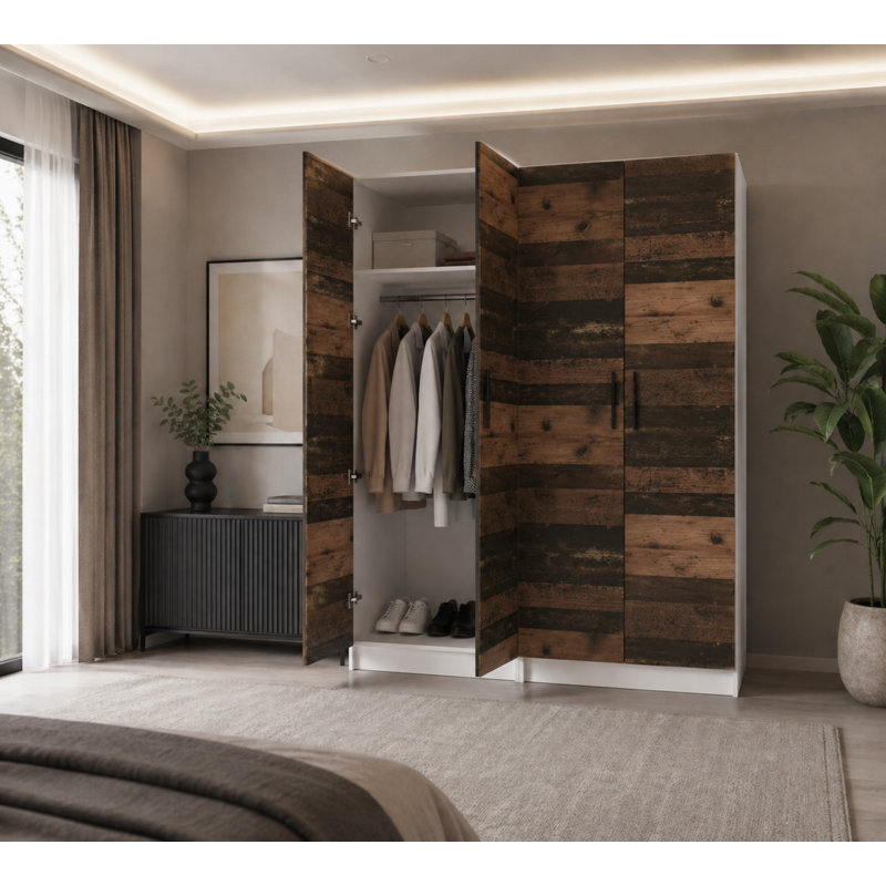 Nitra 4 Door Solid + Manufactured Wood Wardrobe, White/Dark Brown