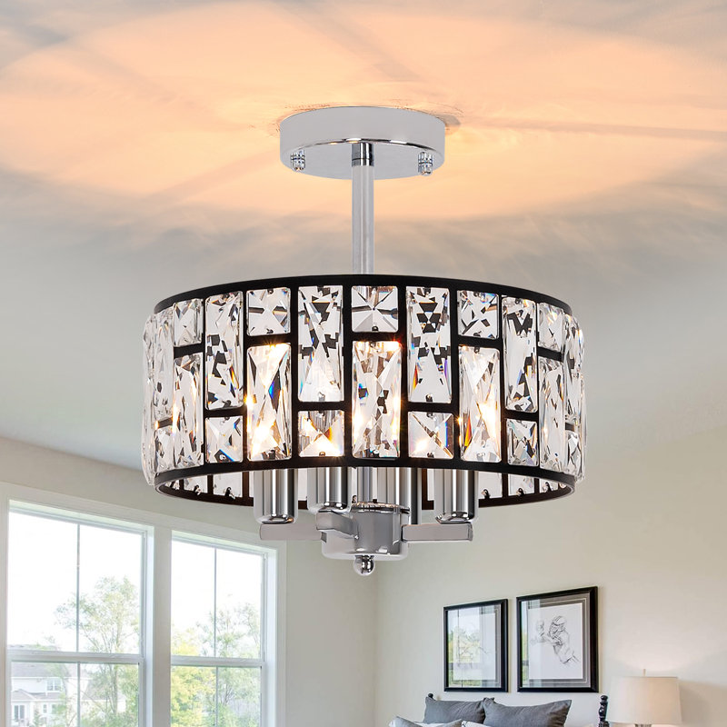 Modern 4 Light Crystal Shade Semi Flush Mount Ceiling Lighting, Matte Black