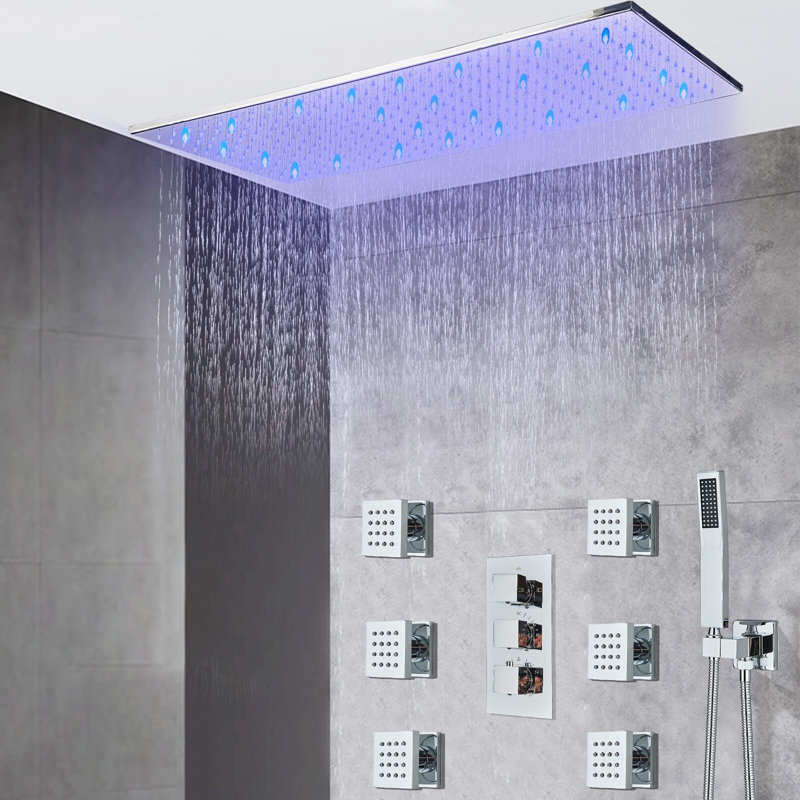 Chrome LED Rainfall Shower System with 6 Body Jets, High-Pressure Handheld Shower Head & Thermostatic Mixer Valve, Chrome
