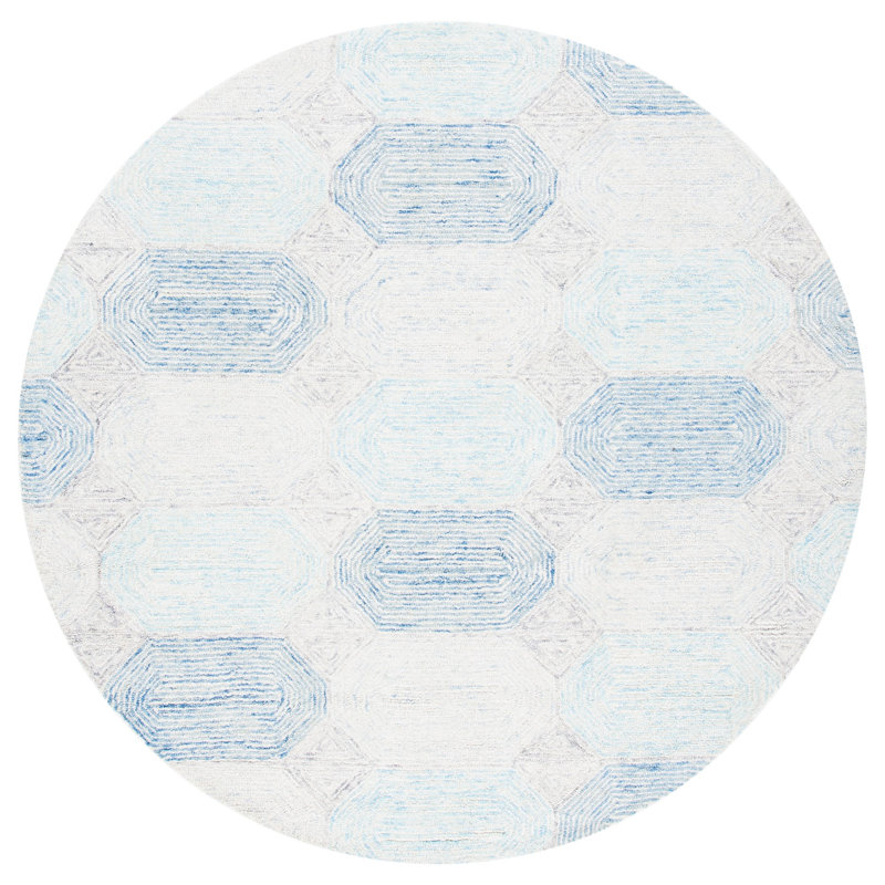 Kohut Hand Tufted Wool/Cotton Geometric Rug in Ivory/Blue, Round 6'