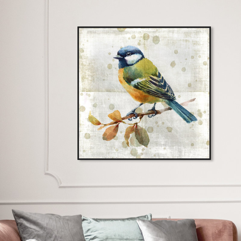 Oiseau bleu - peinture sur toile, Cadre noir, H 12 po x l 12 po