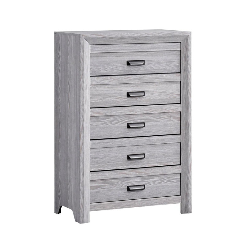 Commode haute Laide avec 5 tiroirs, poignées coupelles, placage gris