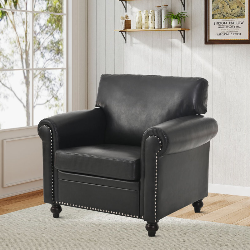 Fauteuil classique en similicuir avec garniture cloutée, structure en bois et coussin à ressorts ensachés, Noir