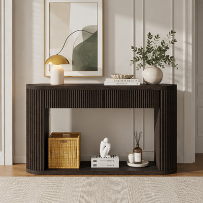  Console ovale cannelée, table d'entrée en bois avec 2 tiroirs et tablette inférieure ouverte, table d'appoint stable pour le couloir du salon