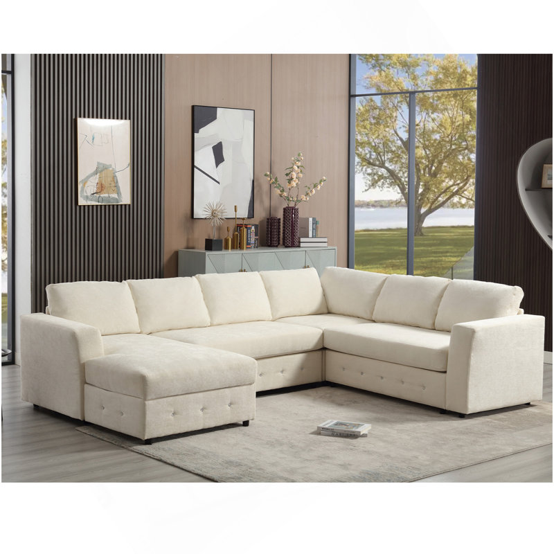 Canapé modulaire de 110,75 po, canapé modulaire surdimensionné, rangement pour chaise longue, canapé moderne en forme de U, canapés rembourrés, chenille, bouton en cristal, salon, appartement, beige