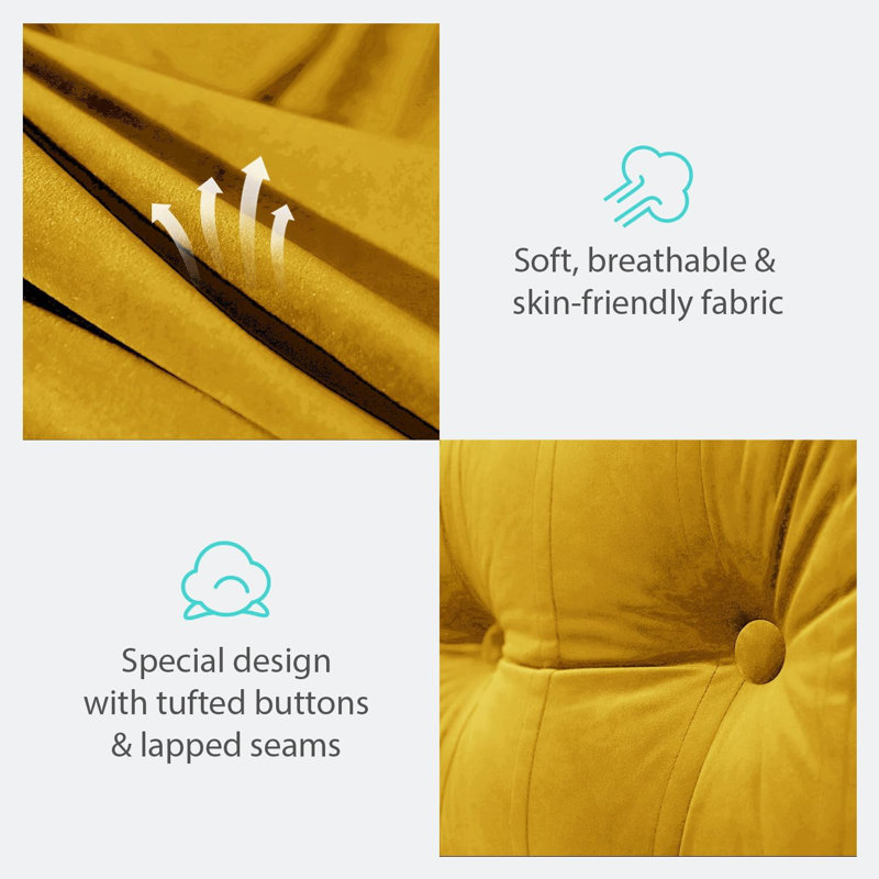 Coussin de tête de lit à dossier capitonné en velours de coton capitonné avec repose-tête et dossier, Très grand lit, Jaune