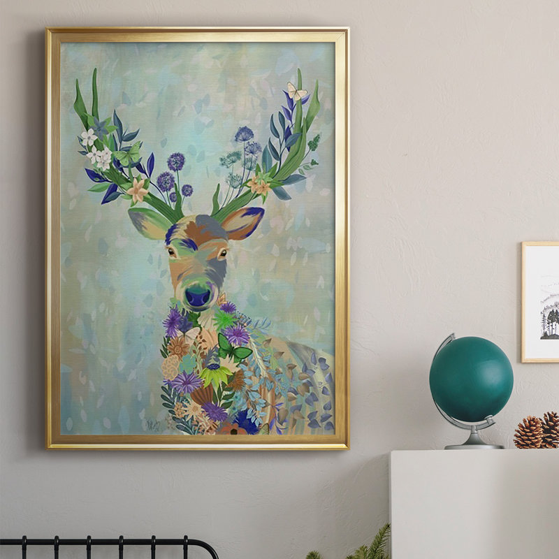 Fantastic Florals Deer, Portrait, reproduction encadrée de qualité supérieure - prête à être accrochée, Or