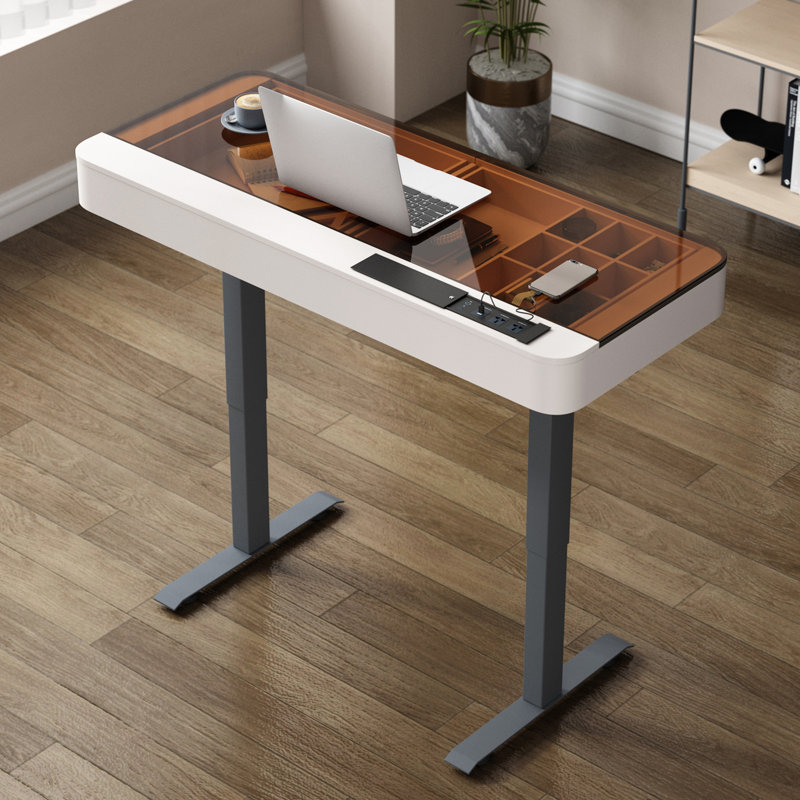 Standing desk with built-in outlet, glass top, Beige, 29.5" H x 50" W x 23" D