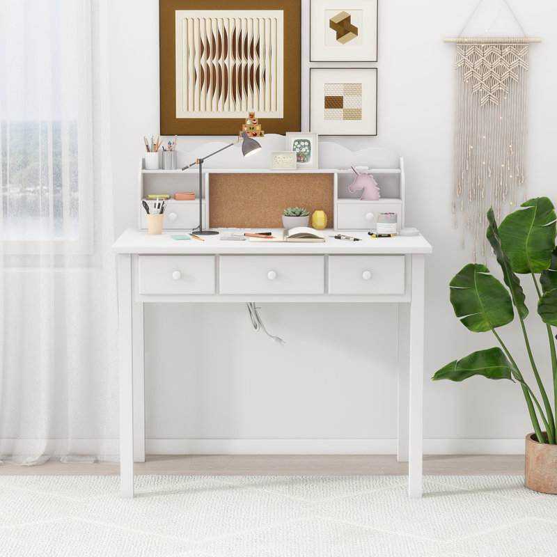 36.2'' Solid Wood Computer Writing Desk with 3 Power Outlets, White