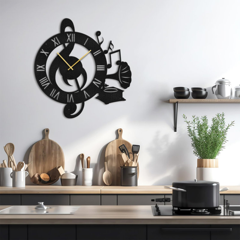 Grande horloge murale silencieuse en métal, L 24 po x H 24 po, Noir
