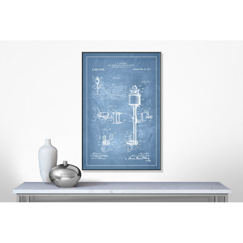 «Boat Motor 1 Blueprint - Blue '- cadre flottant, impression sur toile, Cadre argenté, H 61 po x l 41 po x P 2 po