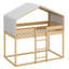 Structure de lit en bois massif en forme de maison avec garde-corps pleine longueur, support à lattes, tente et échelle-497303345