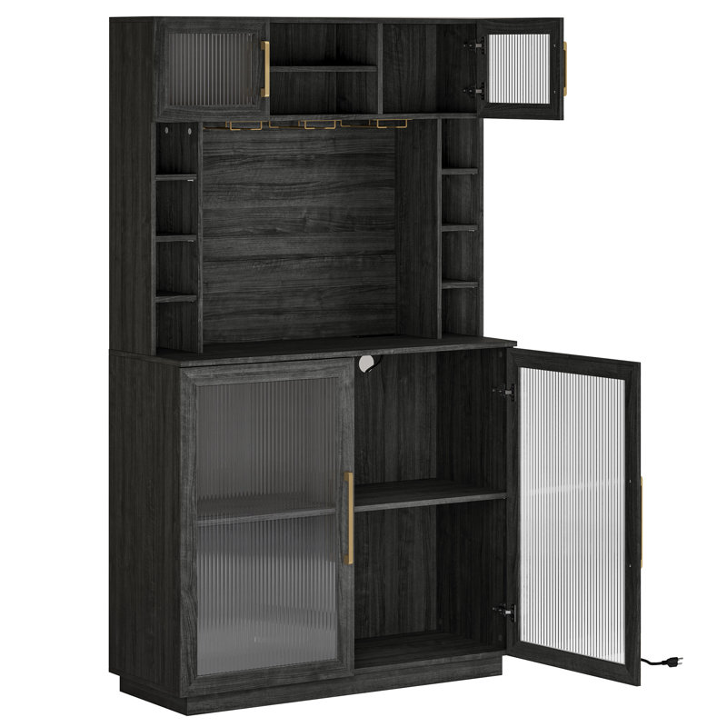Coffee Wine Bar Cabinet with Power Outlet, Pamplona 72" Rustic Liquor Cabinet, Tall Buffet Cabinet with storage, Kitchen Pantry Cupboard