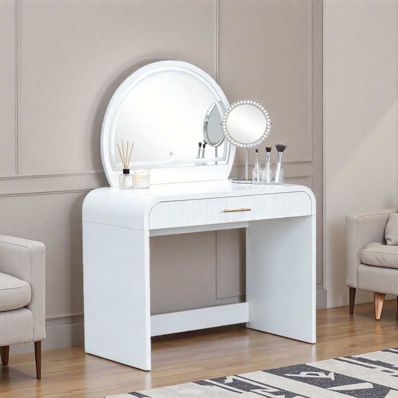 Coiffeuse de maquillage avec miroir lumineux à écran tactile, coiffeuse avec tiroir et bords arrondis