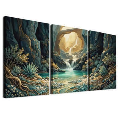 «Turquoise Waterfall In Golden Arch With Succulents», ensemble de 3 toiles murales