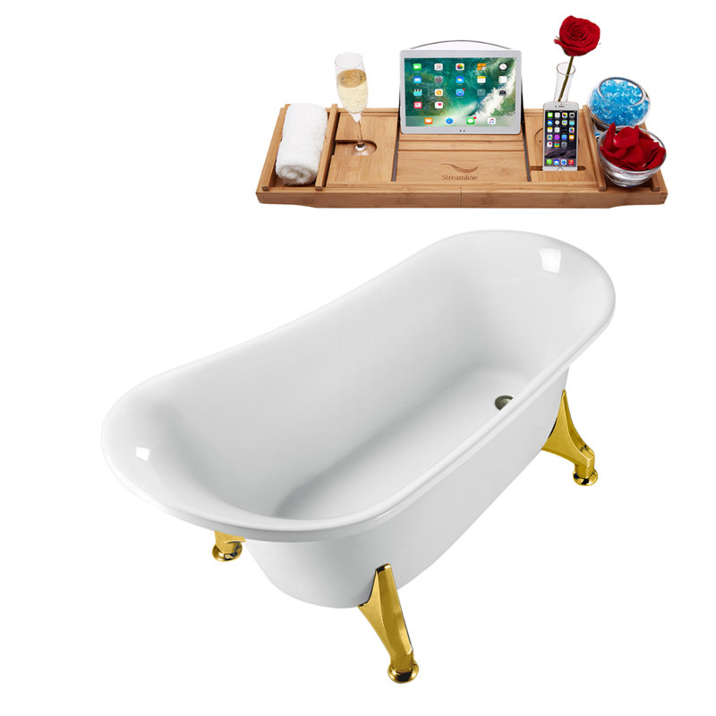 Baignoire de trempage sur pieds 59 "avec drain, pattes et plateau en bambou 59" Streamline, Or poli, Nickel brossé