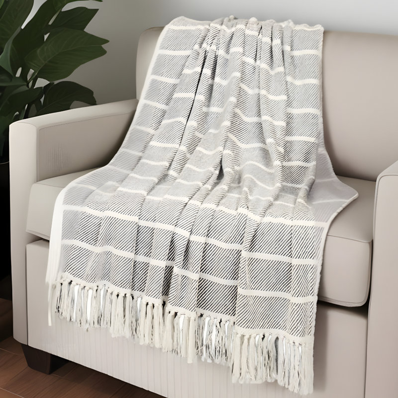 Jeté rayé en coton tissé gris