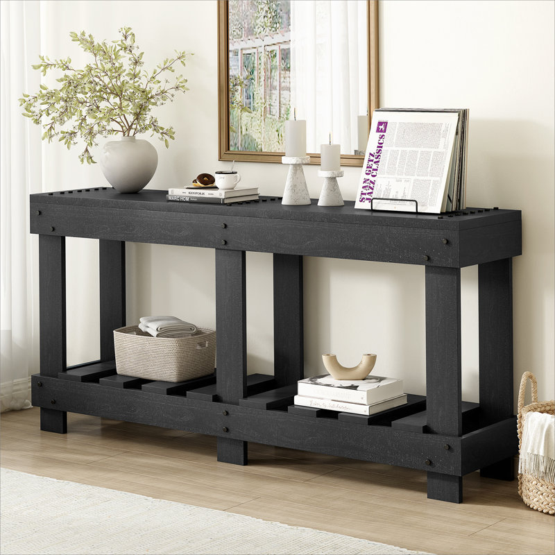 Vintage Entryway Table Crafted From Solid Cedar Wood, Featuring Natural Grain, Reinforced Legs, Rivet Decor, And Storage Shelf