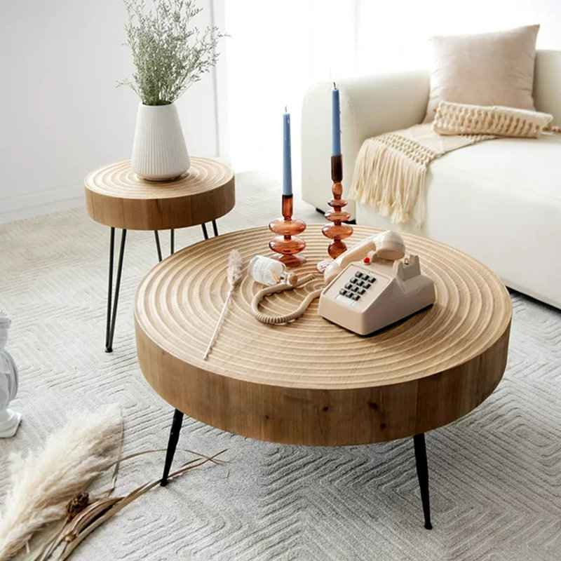 Kawan 2-Piece Modern Farmhouse Living Room Coffee Table Set, Round Nesting Tables, Natural