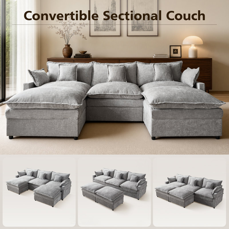 107.87'' W U-Shaped Sectional Sofa with 2 Ottomans, Gray