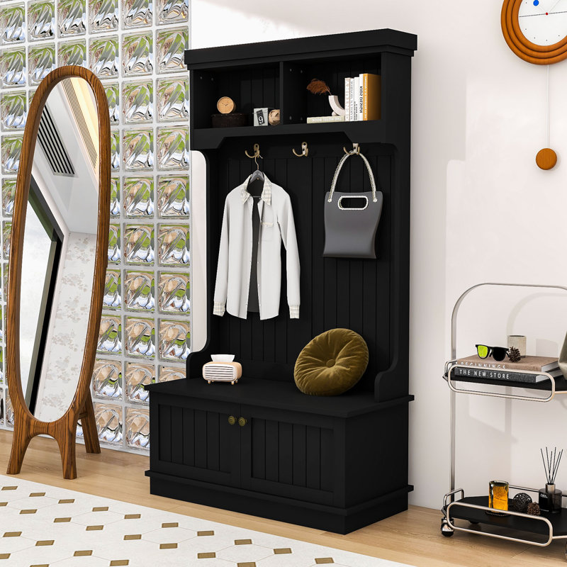 Arbre d'entrée en bois avec banc à chaussures, armoire, crochets et tablettes supérieures, Blanc