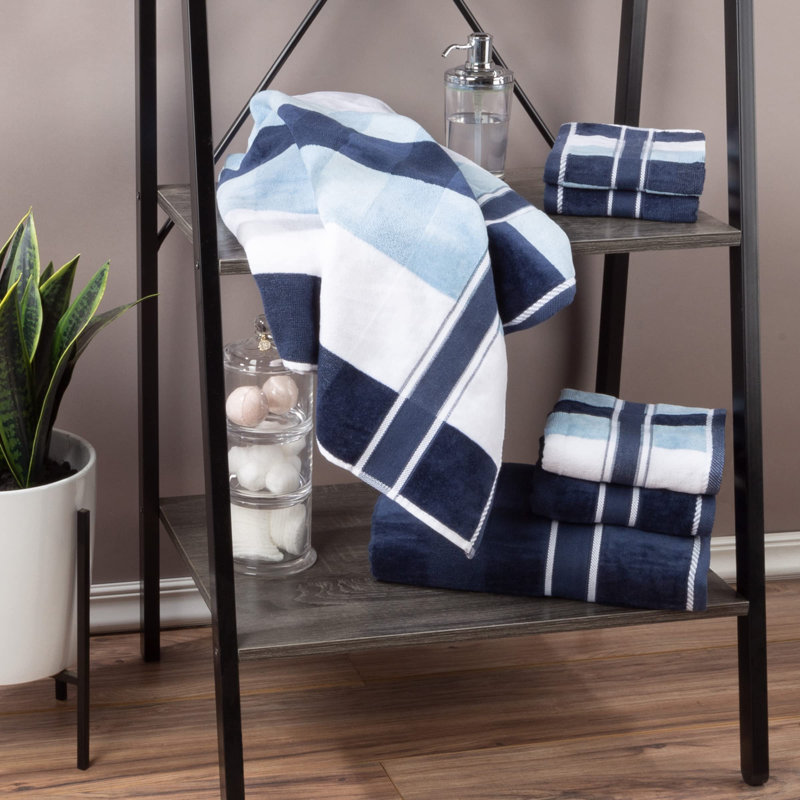 Oversized Navy and Light Blue Cotton Striped Towel Set