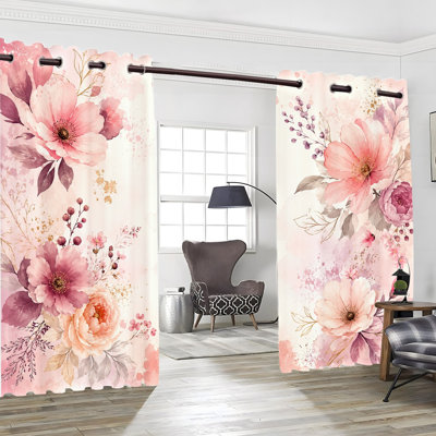 2 rideaux occultants avec œillets 2PCS, rideaux à imprimé floral en aquarelle rose doux, isolation thermique, réduction du bruit, protection de la vie privée, traitement d'esthétique obscurcissant pour la chambre à coucher