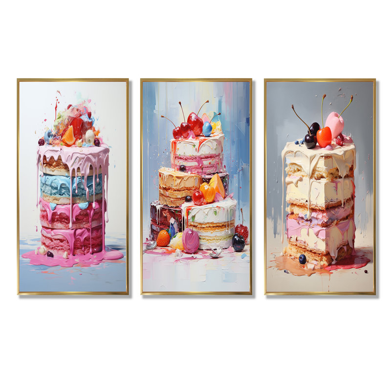 Popart Cake Dessert Sugar Rush - Ensemble de 4 impressions sur toile Desserts, Cadre flottant doré, H 28 po x l 36 po