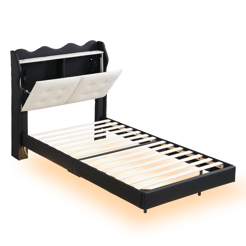 Structure de lit tapissier de taille avec bandes lumineuses à DEL, espace de rangement pour la tête de lit et deux tablettes de chargement USB, noir