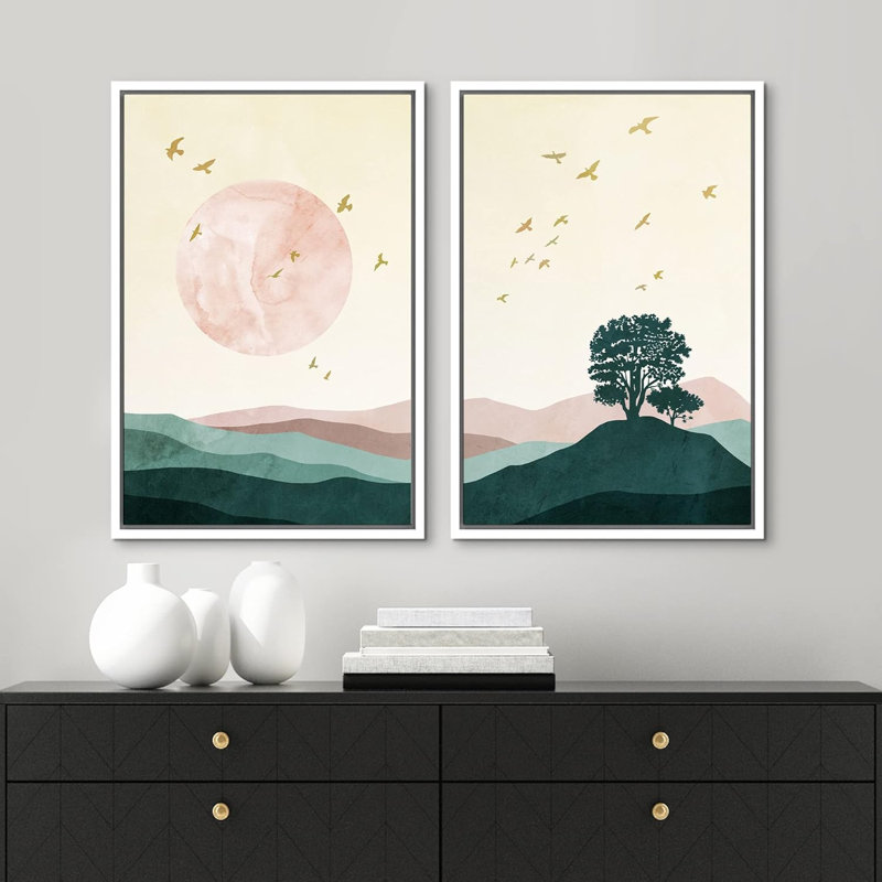 Birds And Pink & Green Gradient Mountain, reproduction sur toile encadrée 2 pièces, H 24 po x l 32 po x P 1,5 po, Blanc