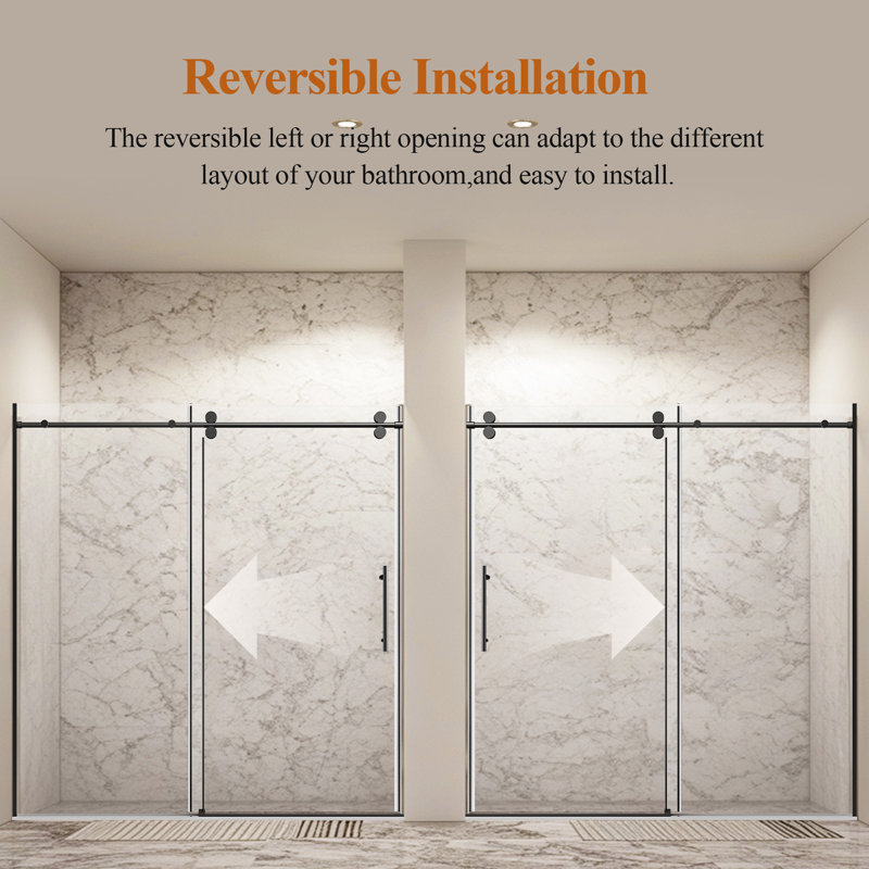 68-72" W * 76" H Stainless Steel Round Tube Frameless Single Sliding Shower Door, 3/8"-thick (10mm) Sgcc Clear Tempered Glass Door, Reversible Installation, Matte Black