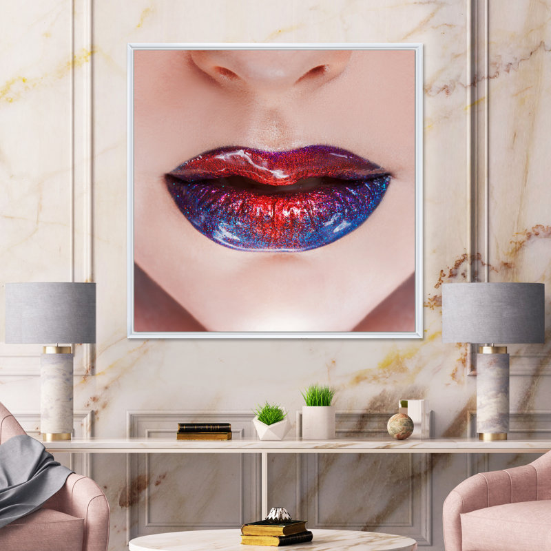 Beautiful Women Lips With Bright Lipstick - Print on Canvas, White Framed Canvas, 36" H x 36" W x 1" D