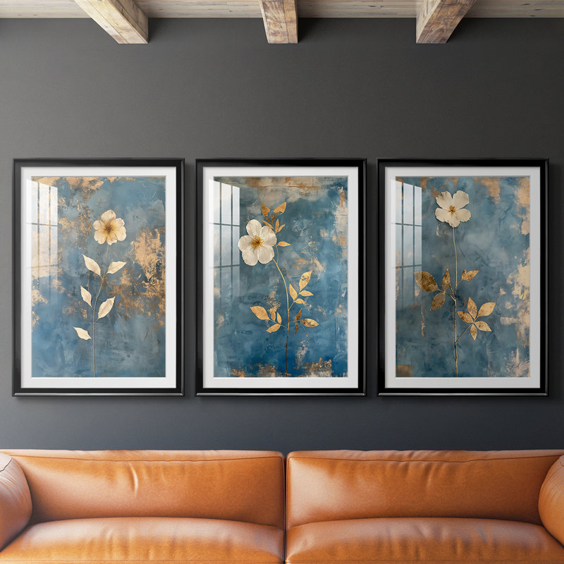 FLORAL Series XLVI - Impression encadrée sur mesure de qualité supérieure - 3 pièces, Noir, H 21 po x l 30 po