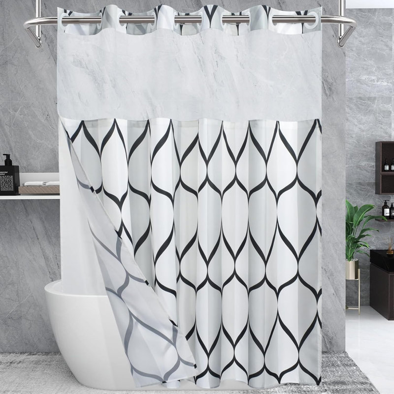No Hook Shower Curtain With Snap In Fabric Liner Set - Hotel Style With See Through Mesh Top Window - 71X74 INCH, Black