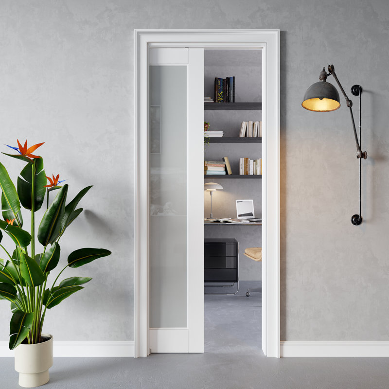 Porte intérieure coulissante à un battant en verre dépoli, MDF CARB P2 et verre trempé SGCC, avec cadre renforcé et quincaillerie incluse, pour chambre à coucher, préfinie et imperméable, idéale pour garde-manger, chambre, salle de bain et placard, teinture facile à appliquer soi-même, 71 x 203 cm