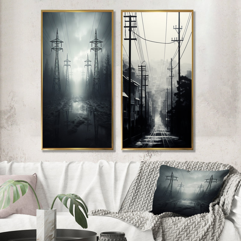 Silver Streaks Power Lines Fog - ensemble de 2 décorations murales Power Lines, Cadre flottant doré, H 32 po x l 33 po