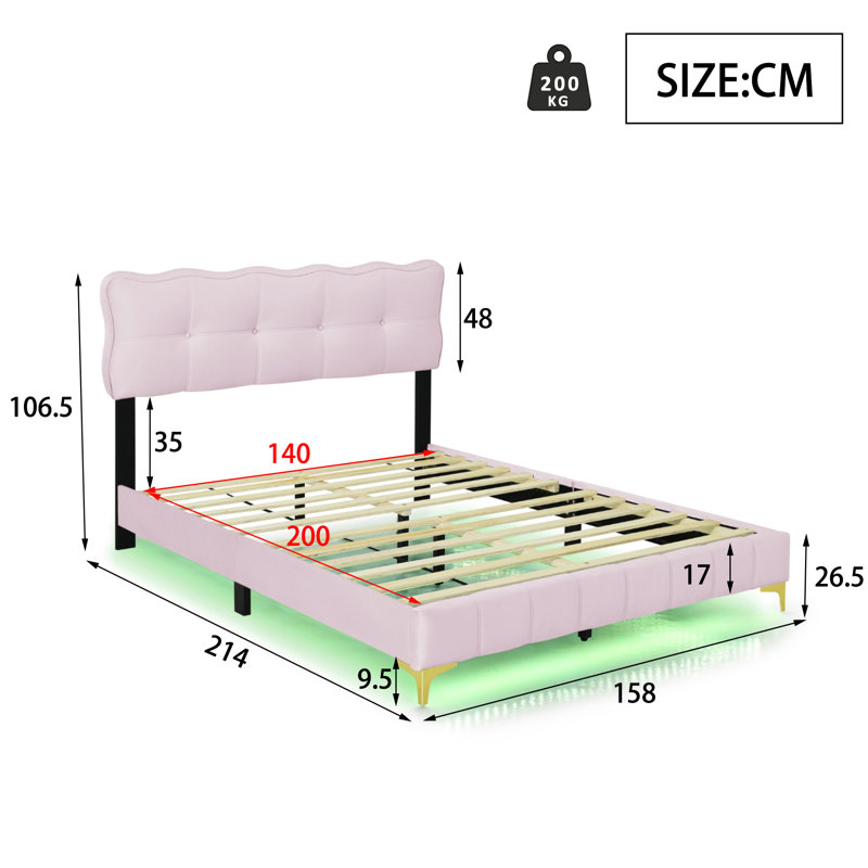 Celena Upholstered Bed, European Double (140 x 200cm), Pink
