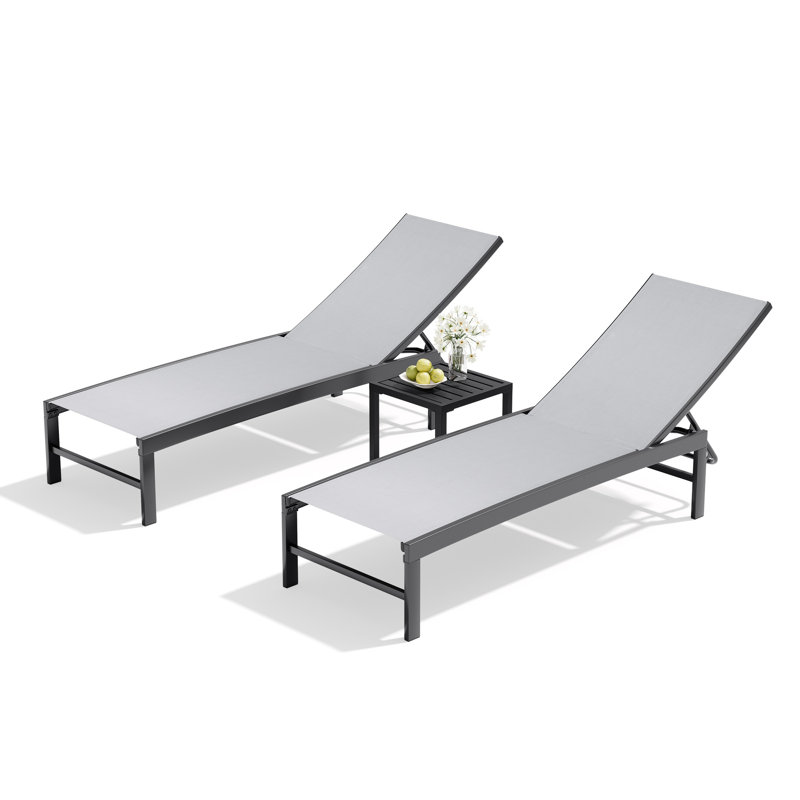 Patio Metal Reclining Chaise Lounge With Square Table (Set Of 3), Light Gray