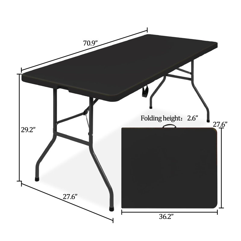 6ft Portable Folding Table Plastic Foldable Table With Carrying Handle, Black