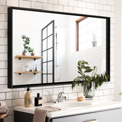 Miroir mural 36x30inch noir pour salle de bain - Verre flottant HD, meuble-lavabo simple de conception classique avec drainage automatique à cadre en métal, style moderne