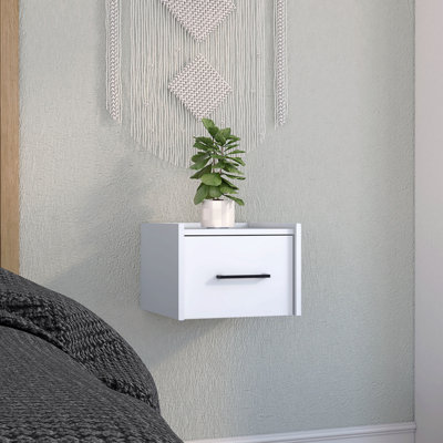 White Floating Nightstand, Wall-Mounted End Table with Single Drawer & Handle