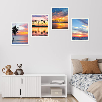 «Coastal Palm Tree Beach Ocean Sea Sunset», ensemble de 4 impressions murales multicolores encadrées sur papier