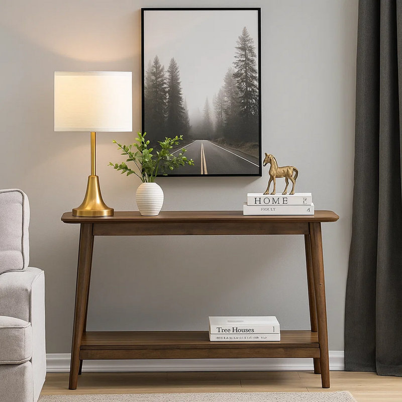 Console de canapé Fexy, plateau de 48 pouces avec tablette inférieure, brun noyer