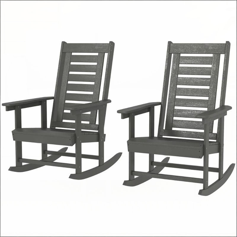 Wide Armrests Outdoor Rocking Chairs, 2 Pieces Set with Smooth Rocking Motion and Durable HDPE Structure, Dark Gray