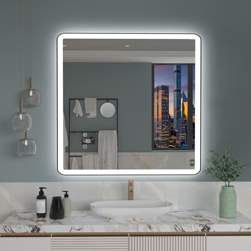 Miroir mural à DEL, Noir mat, Carrée, 36 po x 36 po
