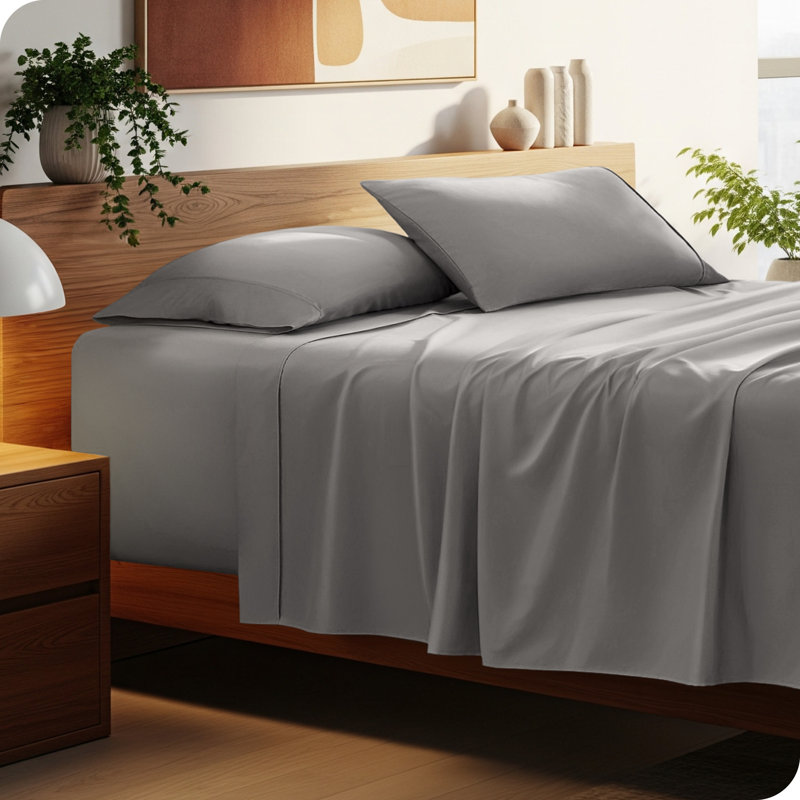 Ensemble de draps en microfibre 22 po, Ensemble de draps pour grand lit avec 2 taies d'or, Gris clair