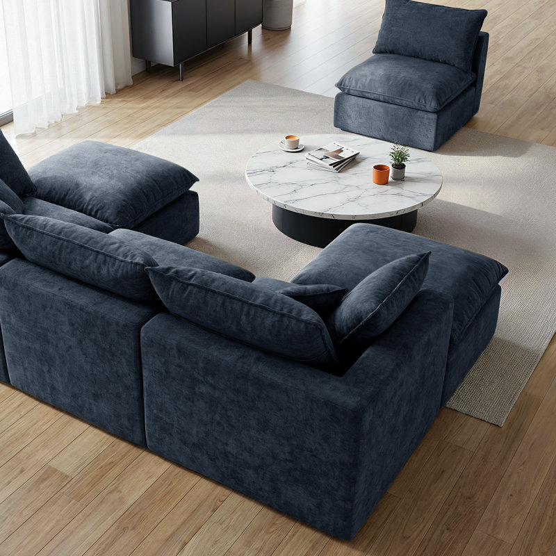 Canapé modulaire en forme de L Cloud, canapé modulaire 3 places avec 1 repose-pieds mobile à assise profonde et sans assemblage, bleu