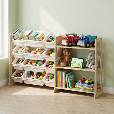 Solid Pine Wood Kids Toy Storage Bookshelf with 12 Bins & 3 Shelves, Rounded Corner Organizer for Playroom Nursery Bedroom